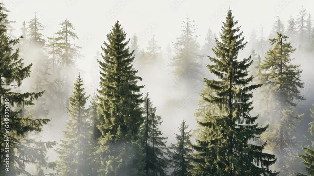 Poster a forest with many trees and a foggy sky. the trees are tall and green. the sky is white and cloudy