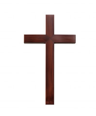 Polished wooden cross with dark brown finish and natural grain on transparent background