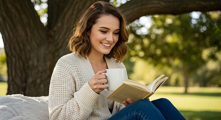 Obraz premium Serene Reading in Nature's Embrace: A young woman immersed in a book, savoring a warm drink, basking in the tranquil embrace of nature and a sunny day.