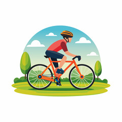 Obraz premium Flat style vector icon of a cyclist on a bicycle, representing cycling sport and outdoor activity.