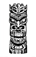 Ornate totem pole rendering with detailed geometric shapes in black and white
