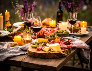 A rustic outdoor feast with an abundant charcuterie board, cheese, and red wine on a candlelit wooden table.