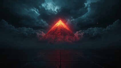 Glowing triangular mountain peak emerges from stormy clouds, reflected in dark water below.