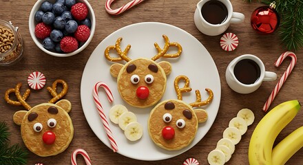 Christmas Reindeer Pancake Delight: A whimsical holiday scene features festive reindeer pancakes, accompanied by fresh fruits and beverages.