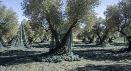 Obraz premium Olive grove draped in netting for harvest preparations under a sunny sky
