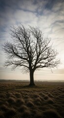 Solitary tree in field with expressive sky, a contemplative natural scene