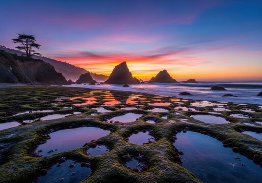 Dramatic coastal landscape at dusk with tide pools reflecting sunset colors