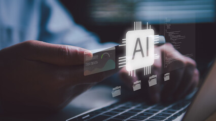 Artificial intelligence technology concept with man using laptop and digital interface, showing AI chip, data analysis, coding, and innovation for business, fintech, and modern solutions.