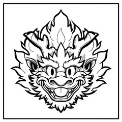Cartoonish, symmetric, smiling mythical creature face, rendered in black and white lines
