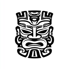 Stylized black and white tiki mask illustration with bold tribal-esque designs