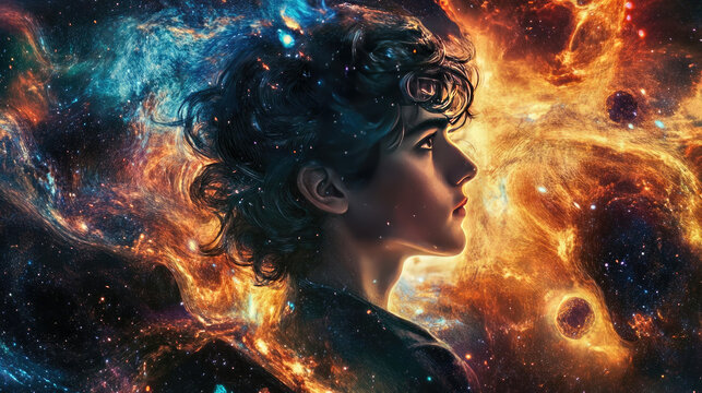 A dynamic drawing of Sivan surrounded by cosmic elements