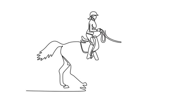 Animated self drawing side view of female rider on elegant horse at trot, depicting graceful partnership, skill, and deep connection equestrian sport and its discipline. Full length one line animation