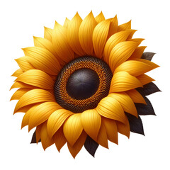 Ripe sunflower with yellow petals and dark middle, isolated on white background