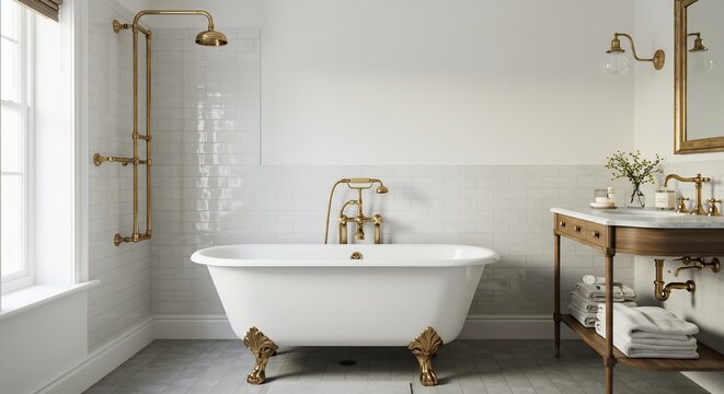 優雅な白磁器浴槽 柔らかな光に包まれ 上品な空間演出. AI Generated