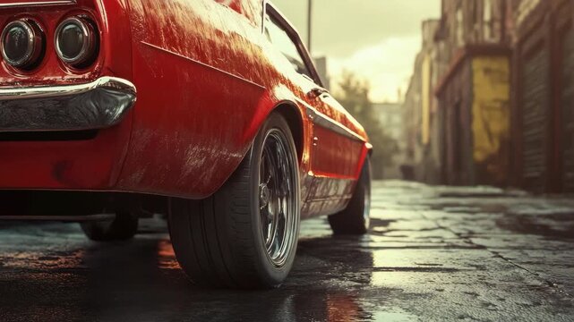 A classic Mustang car parked on a wet street after rain. The scene captures an urban setting, highlighting the vintage vehicle amidst a modern city atmosphere.