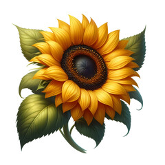 Ripe sunflower with yellow petals and dark middle, isolated on white background