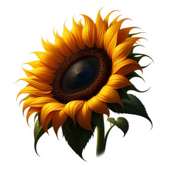 Ripe sunflower with yellow petals and dark middle, isolated on white background