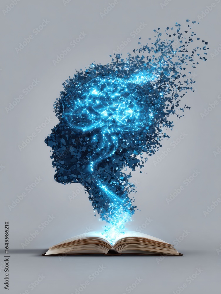 Poster concept of knowledge and imagination represented by a glowing brain emerging from an open book in a 