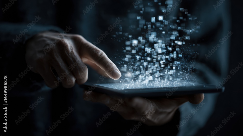 Aufkleber digital interaction with floating data cubes in a dark environment during a technology demonstration