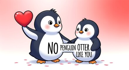 Obraz premium Adorable Penguin Pair with Heart and Affectionate Message, Cartoon Style