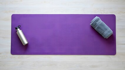 Purple yoga mat with water bottle and roller