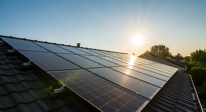 Solar panels installed on a roof with a bright sun shining in the background on a clear sunny day