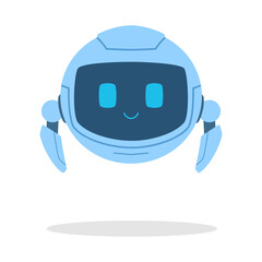 Cute Smiling Blue Robot with Two Arms Floating Above the Ground on White Background