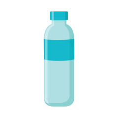 Illustration of a light blue water bottle with a blue label and lid on a white background