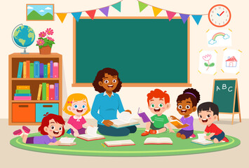 Enthusiastic Elementary School Students and Teacher Enjoy Reading Books Together