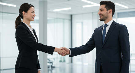 Business people shaking hands in a bright modern office space