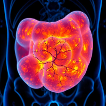 A mesenteric tumor mass glowing orange/blue with fibrotic strands. Perfect for neuroendocrine oncology.