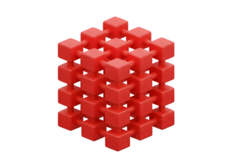 Dynamic red cube structure symbolizing innovation, connection, and complex systems.