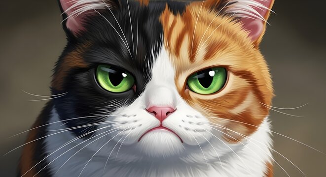 Grumpy Calico Cat Portrait: Intense Green Eyes and Fur Detail