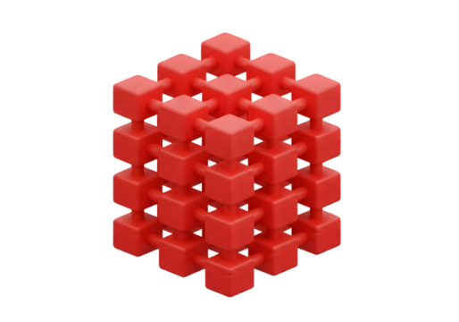Dynamic red cube structure symbolizing innovation, connection, and complex systems. - Powered by Adobe