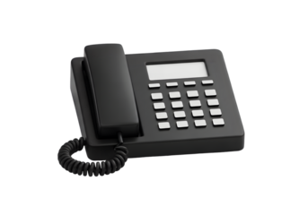 Pesawat telepon warna hitam, alat komunikasi telpon- Modern black desk telephone with digital display and coiled cord for professional communication