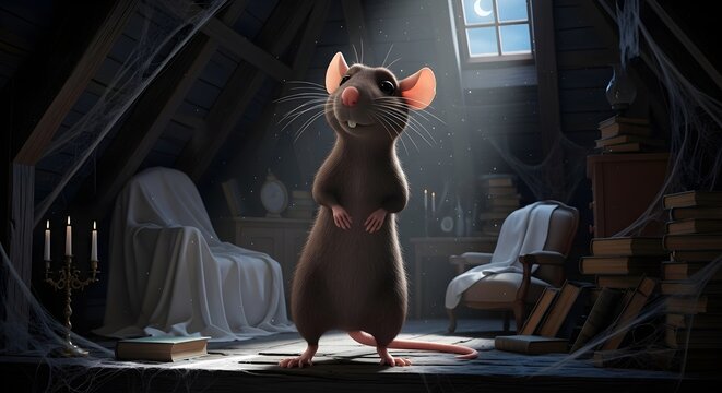 Whimsical Rat Gazes Upward in Dusty Attic Under Moonlight, Surrounded by Books and Cobwebs
