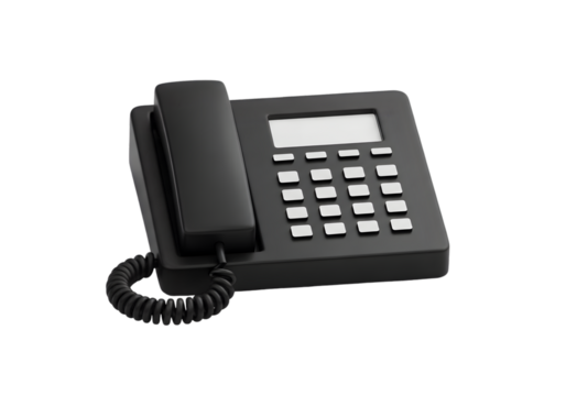 Pesawat telepon warna hitam, alat komunikasi telpon- Modern black desk telephone with digital display and coiled cord for professional communication