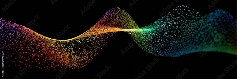 Poster colorful wave of particles creating a mesmerizing abstract pattern against a black background
