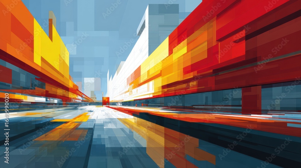 Poster vibrant abstract composition with dynamic lines depicting motion through a cityscape in bright color