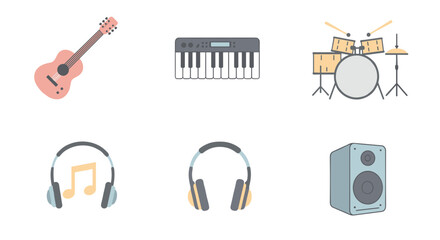 Illustration of musical instruments and audio equipment set
