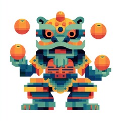 Obraz premium Stylized, digital illustration of a guardian lion juggling oranges on white background