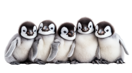 A group of adorable baby penguins huddling together, showcasing their fluffy feathers and cute faces against a transparent background