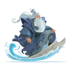 Wizard with long white beard surfing a wave in blue robe