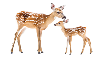 A tender moment between a mother deer and her fawn, showcasing the bond of wildlife in nature on white background