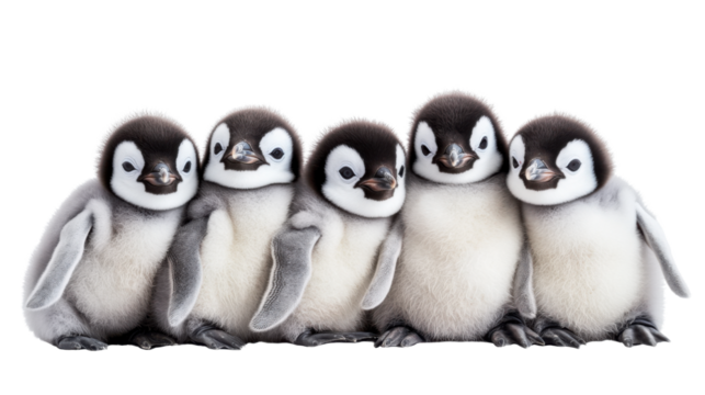 A group of adorable baby penguins huddling together, showcasing their fluffy feathers and cute faces against a transparent background