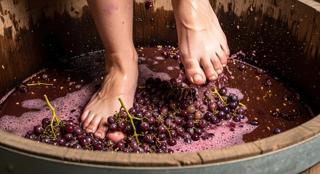 Grape Crushing Action at Vineyard Harvest Event, Feet Stomping Grapes in Wooden Tub, Outdoor Winemaking Process