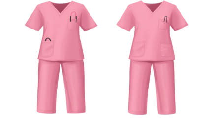 Pink medical scrubs set with short sleeve top and pants, isolated on transparent background. Professional healthcare uniform for doctors and nurses on white background