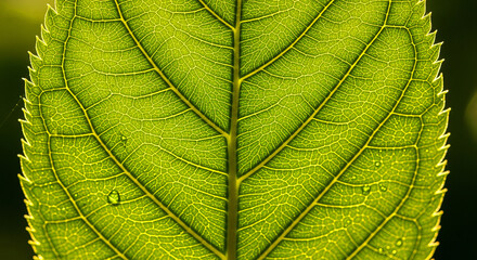 Vibrant green leaf veins illuminated by sunlight, showcasing intricate natural patterns and dew drops.
