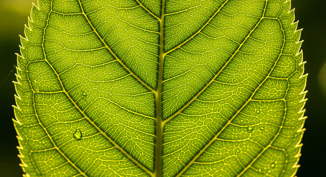 Vibrant green leaf veins illuminated by sunlight, showcasing intricate natural patterns and dew drops.