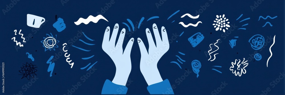 Poster hands engaged in creative expression surrounded by swirling designs and patterns in a vibrant blue b